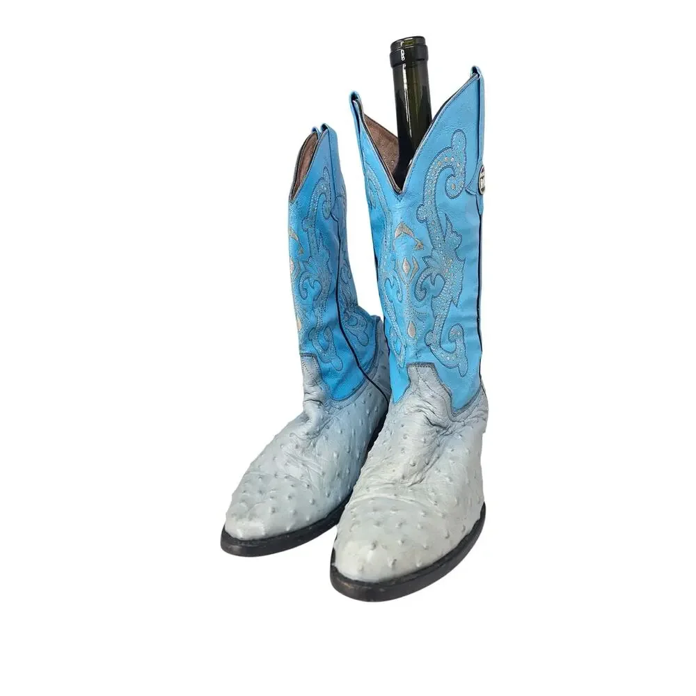 RG Boots 9.5 Light Blue Leather Ostrich Western Cowboy Boot Rodeo Ranch